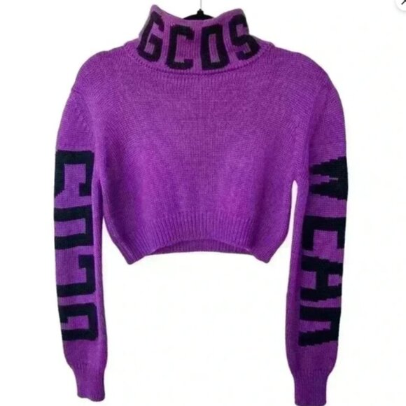 GCDS WEAR Cropped Purple Knit Turtleneck Logo Sweater Made in Italy Size Small - Picture 2 of 7